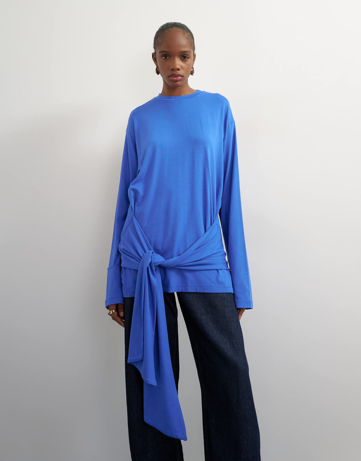 Topshop long sleeve tie front top in mid blue