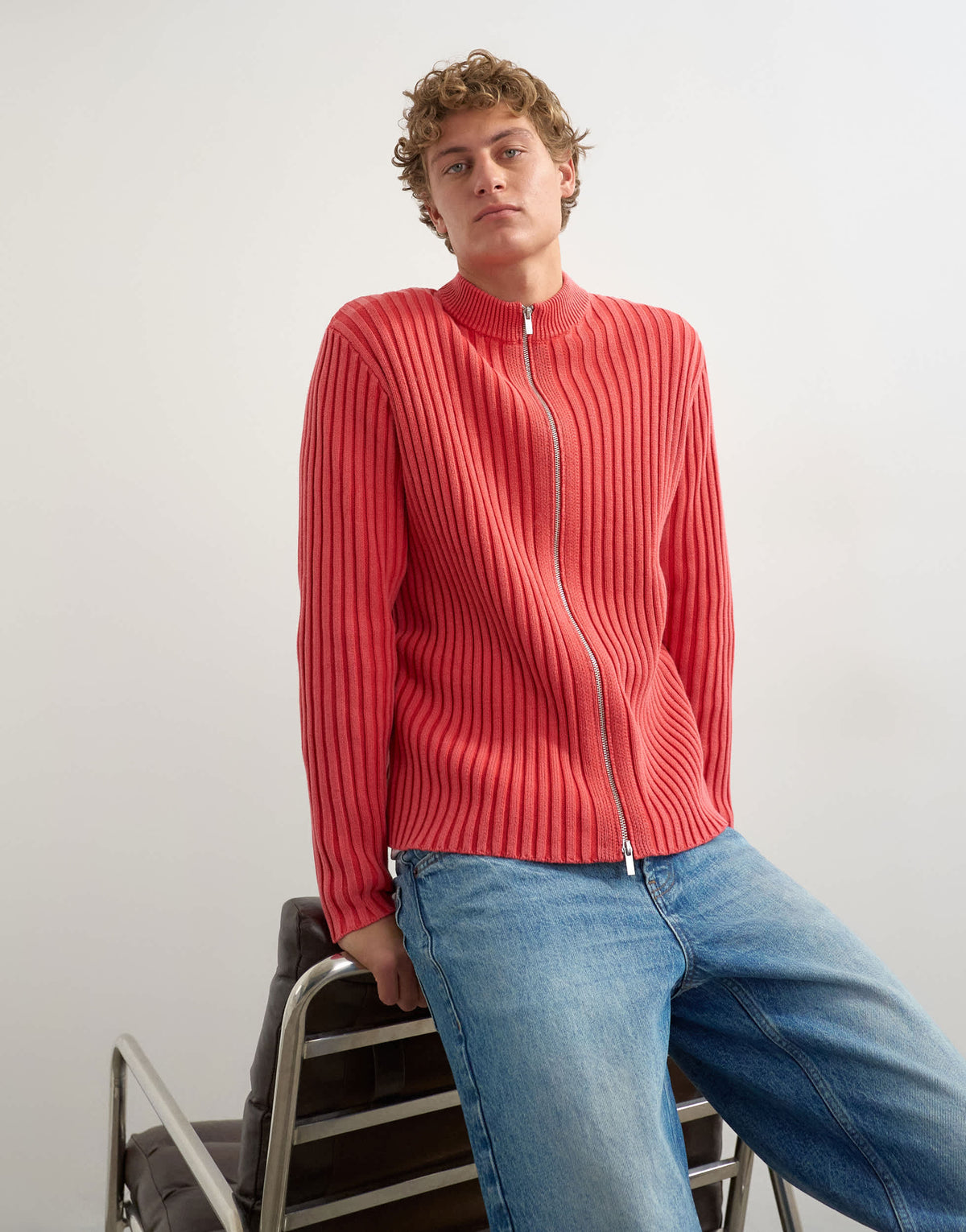 Topman classic fit zip through knitted jumper with thick ribbing in washed red