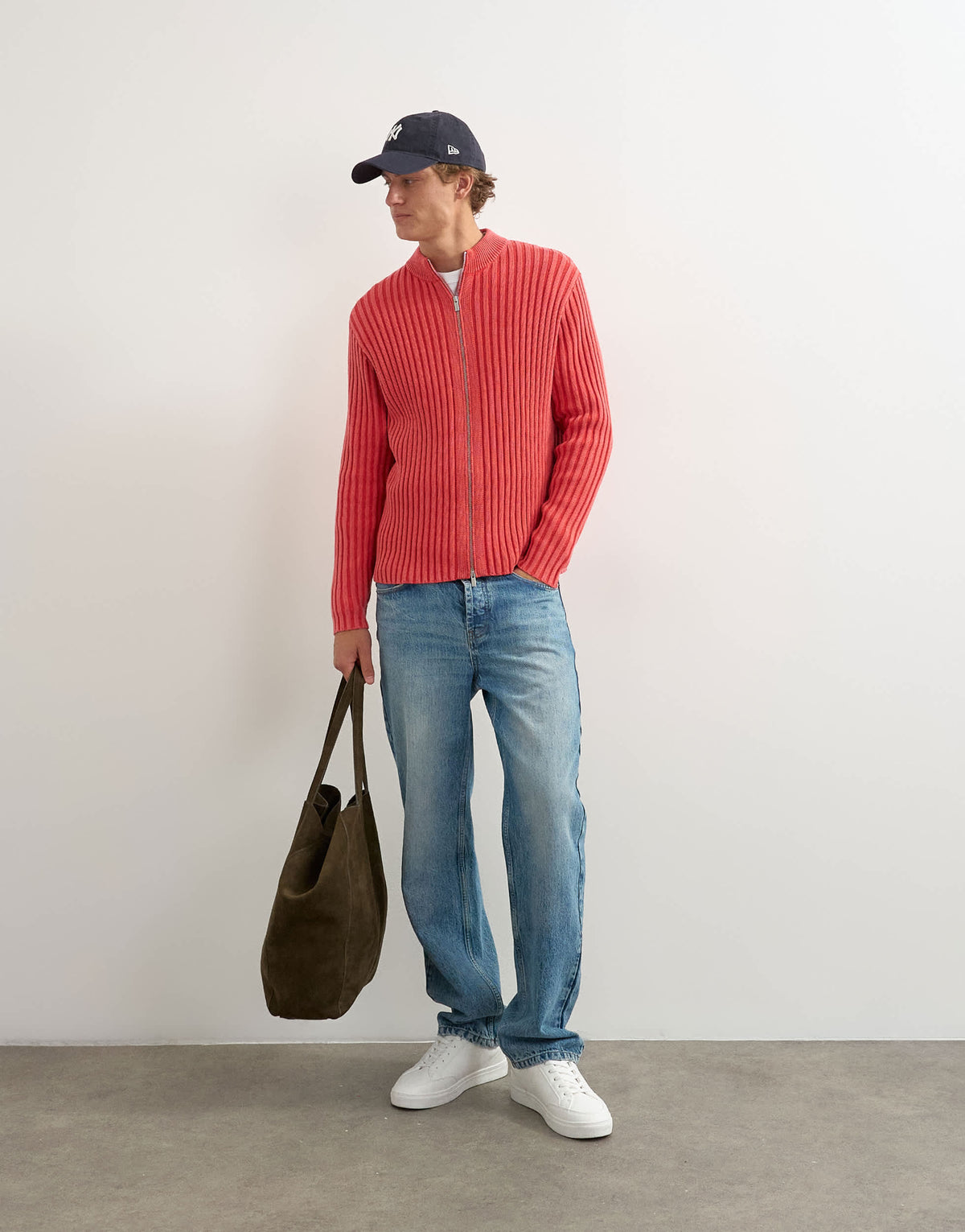 Topman classic fit zip through knitted jumper with thick ribbing in washed red