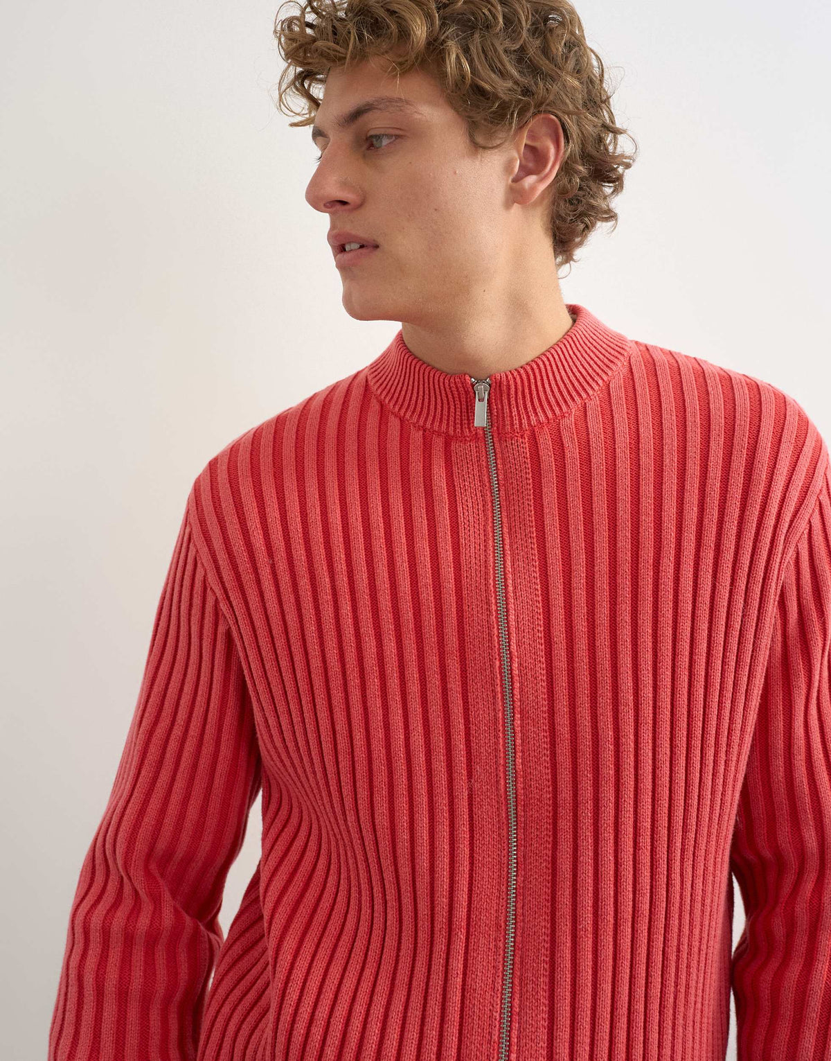Topman classic fit zip through knitted jumper with thick ribbing in washed red