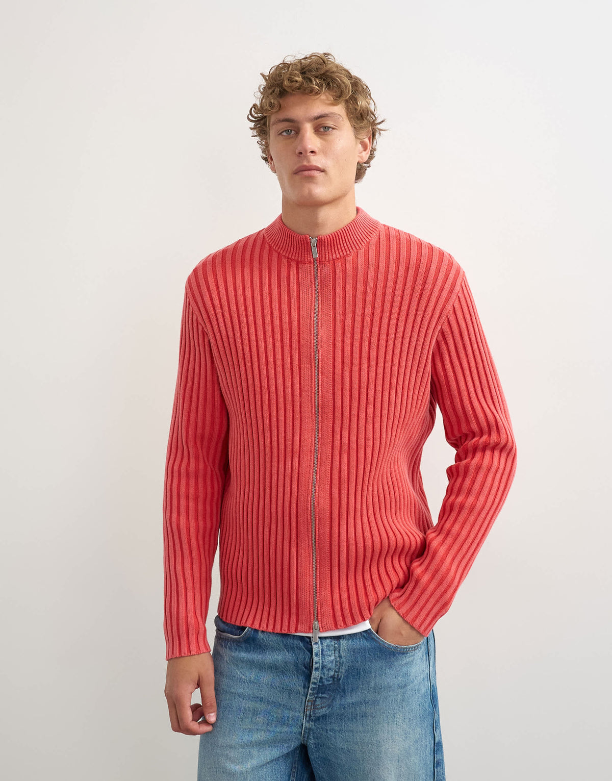 Topman classic fit zip through knitted jumper with thick ribbing in washed red