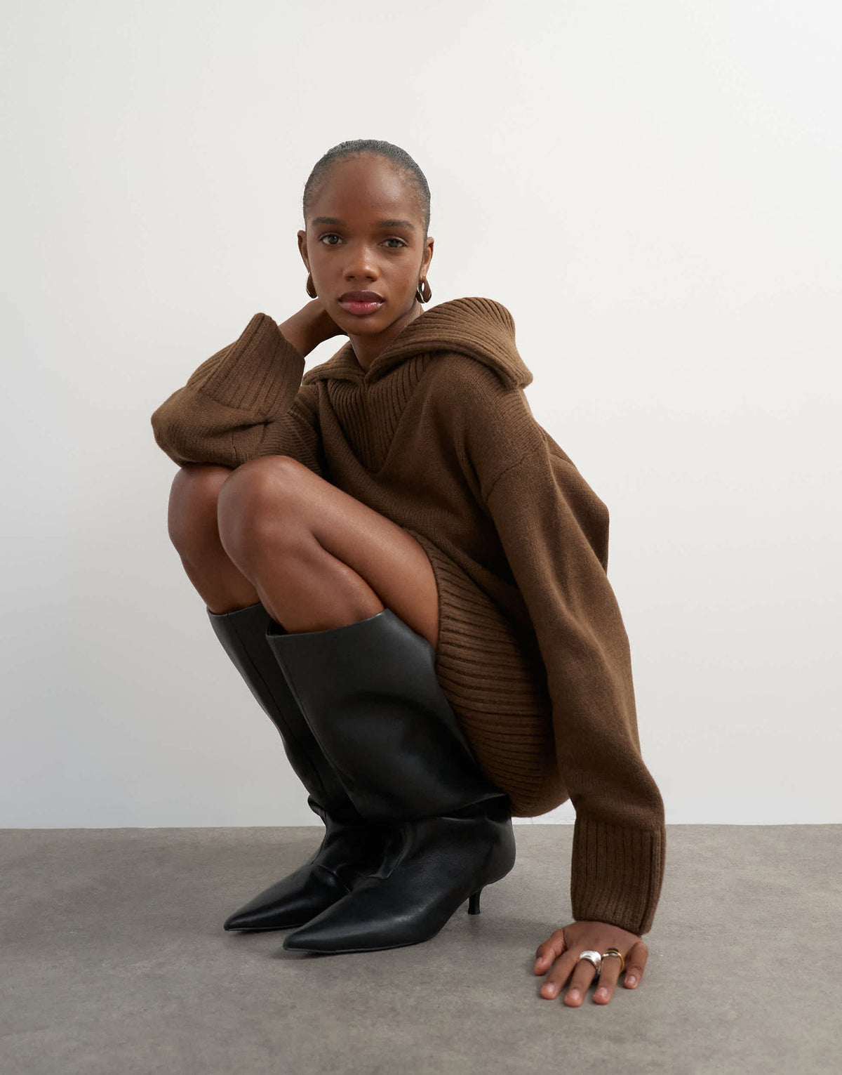 Topshop knitted open collar mini dress with wool in brown