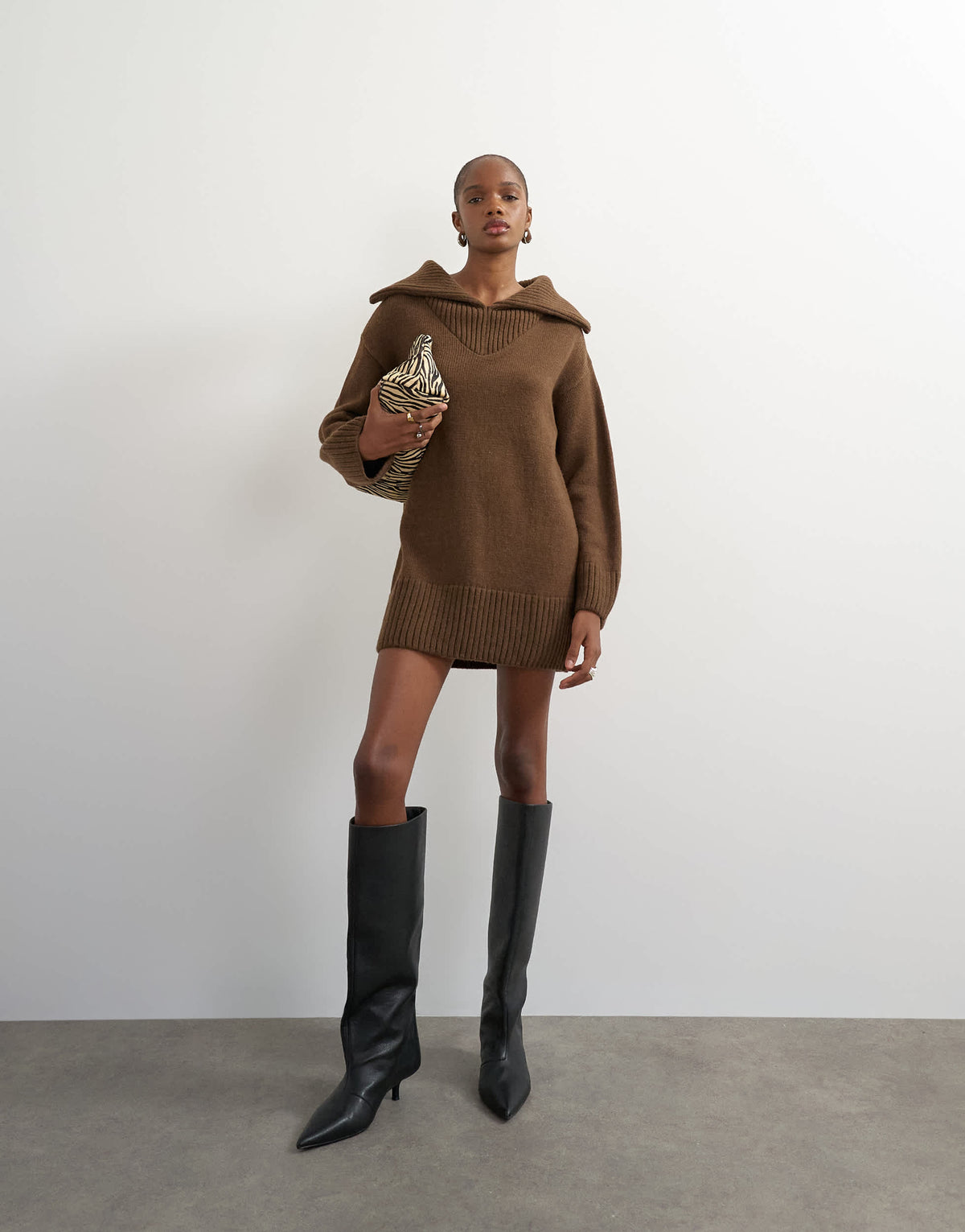 Topshop knitted open collar mini dress with wool in brown