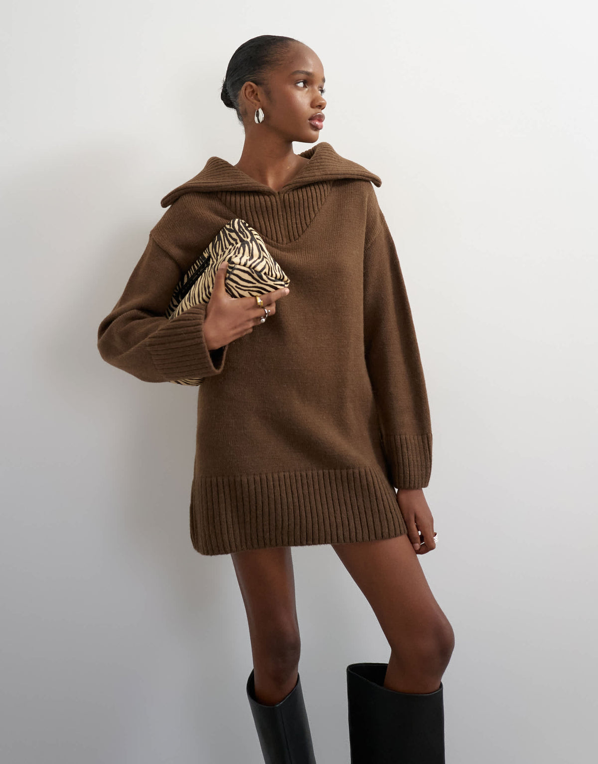 Topshop knitted open collar mini dress with wool in brown