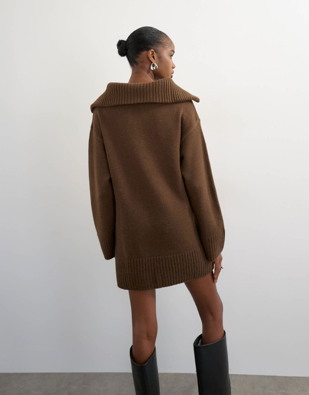 Topshop knitted open collar mini dress with wool in brown