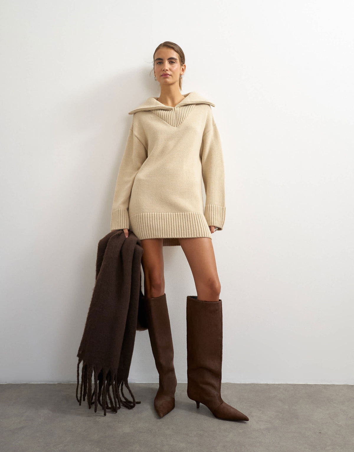 Topshop knitted open collar mini dress with wool in oat