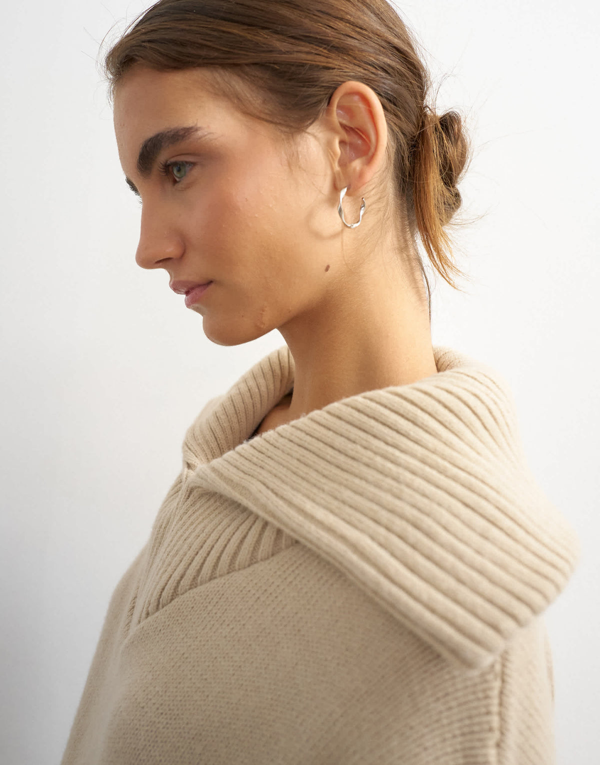 Topshop knitted open collar mini dress with wool in oat