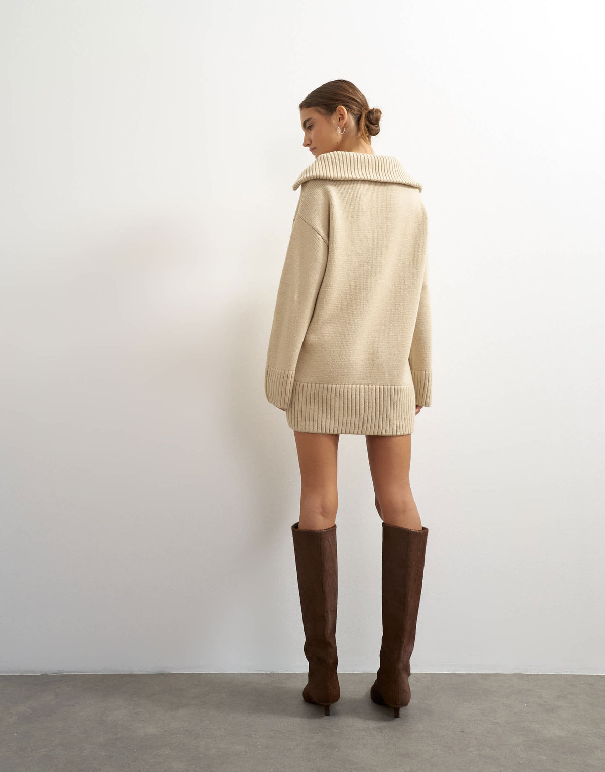 Topshop knitted open collar mini dress with wool in oat