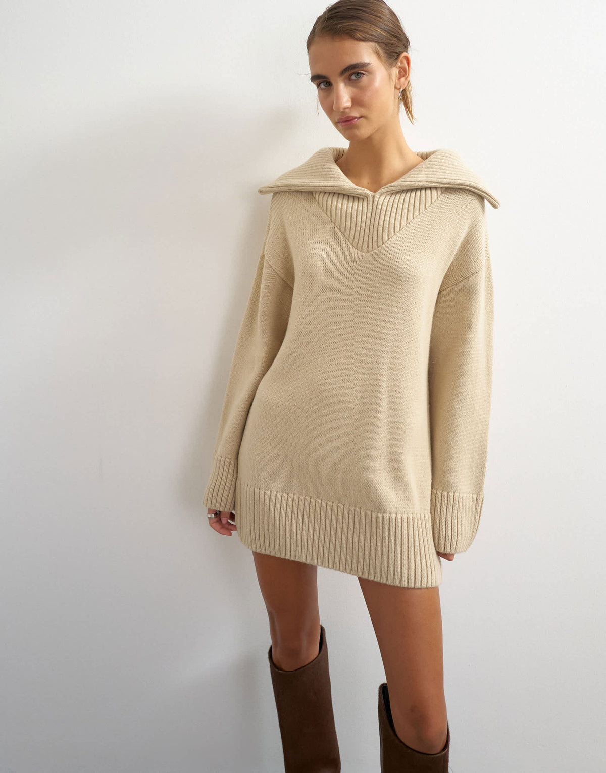 Topshop knitted open collar mini dress with wool in oat