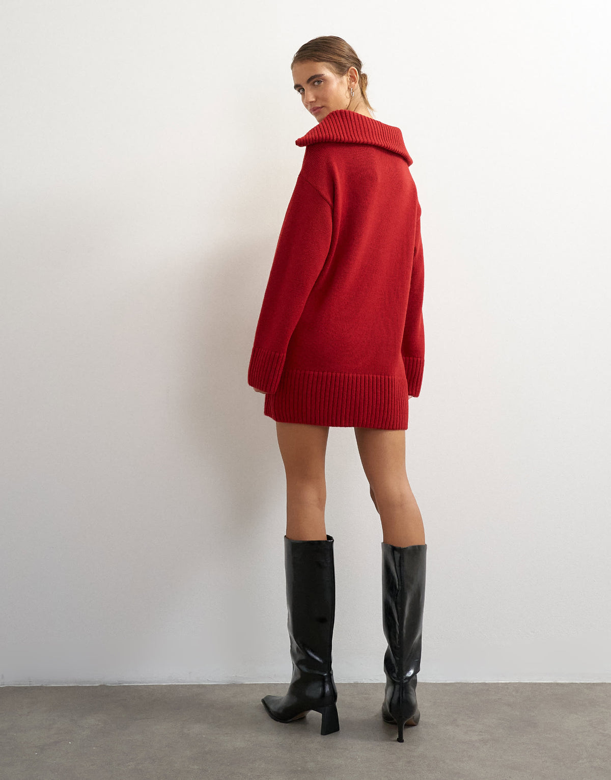 Topshop knitted open collar mini dress with wool in red
