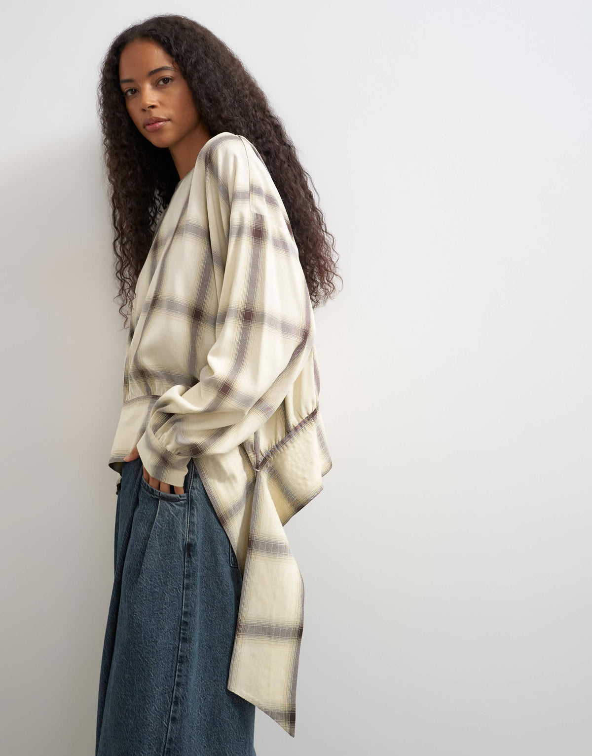 Topshop curved hem blouse in neutral check