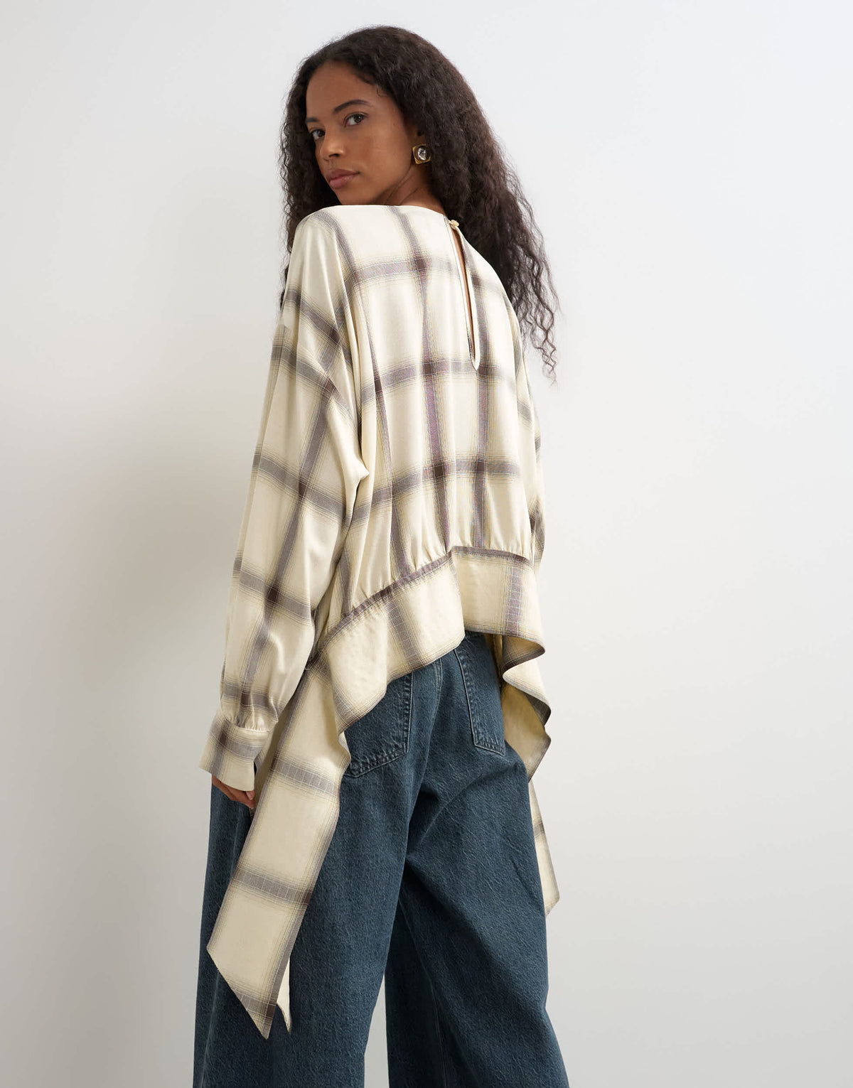 Topshop curved hem blouse in neutral check