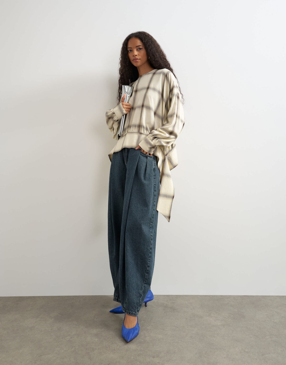 Topshop curved hem blouse in neutral check