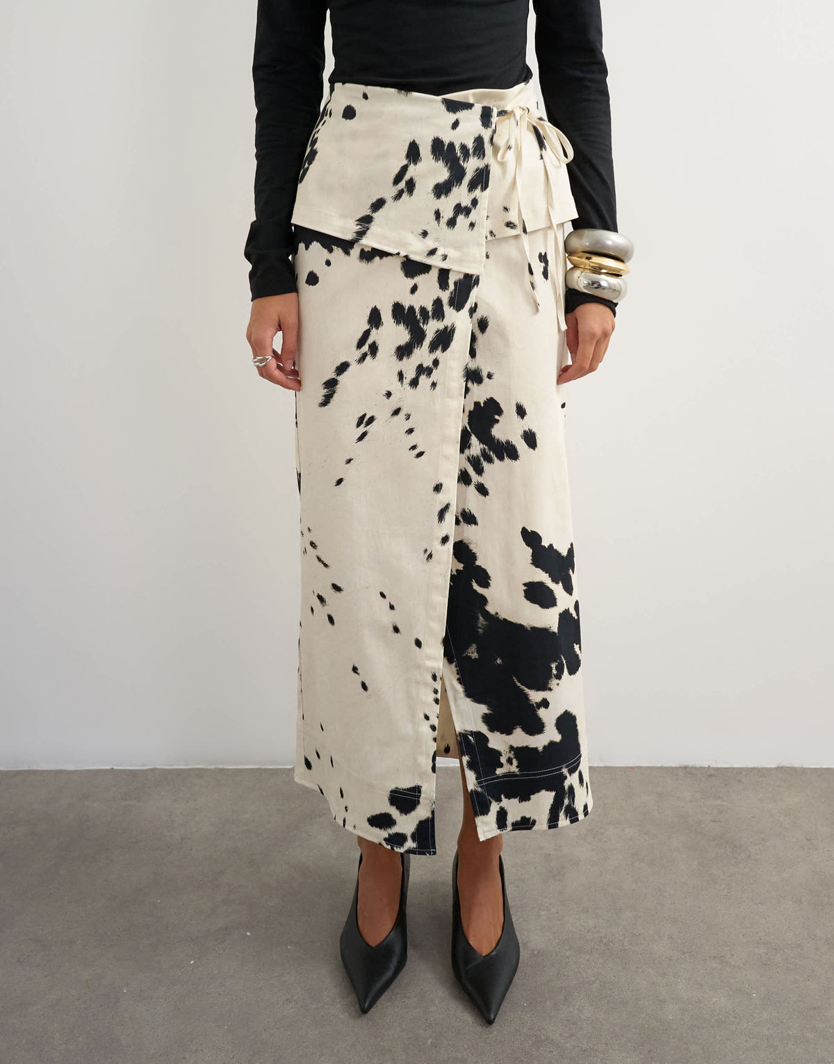 Topshop twill wrap tie detail maxi skirt in cow print
