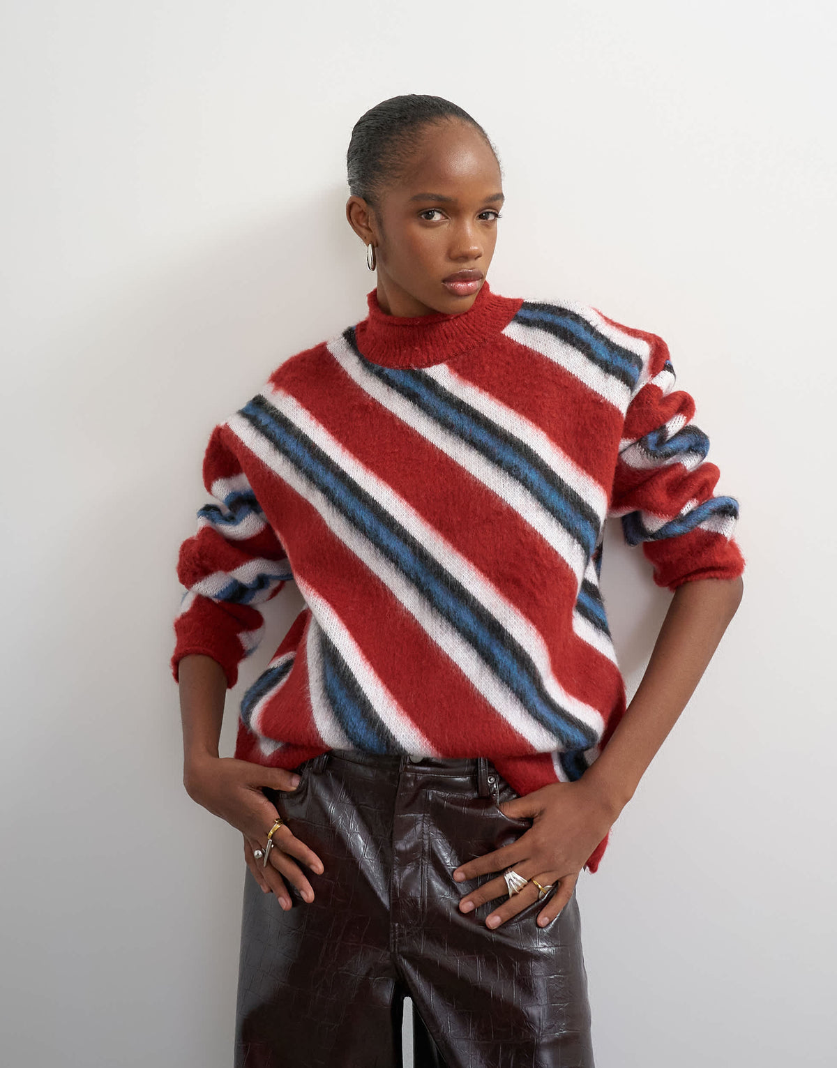 Topshop knitted roll edge stripe jumper in red multi