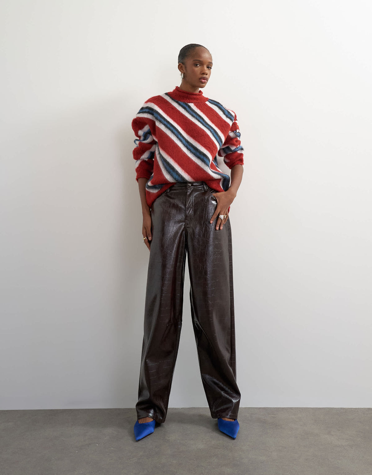 Topshop knitted roll edge stripe jumper in red multi