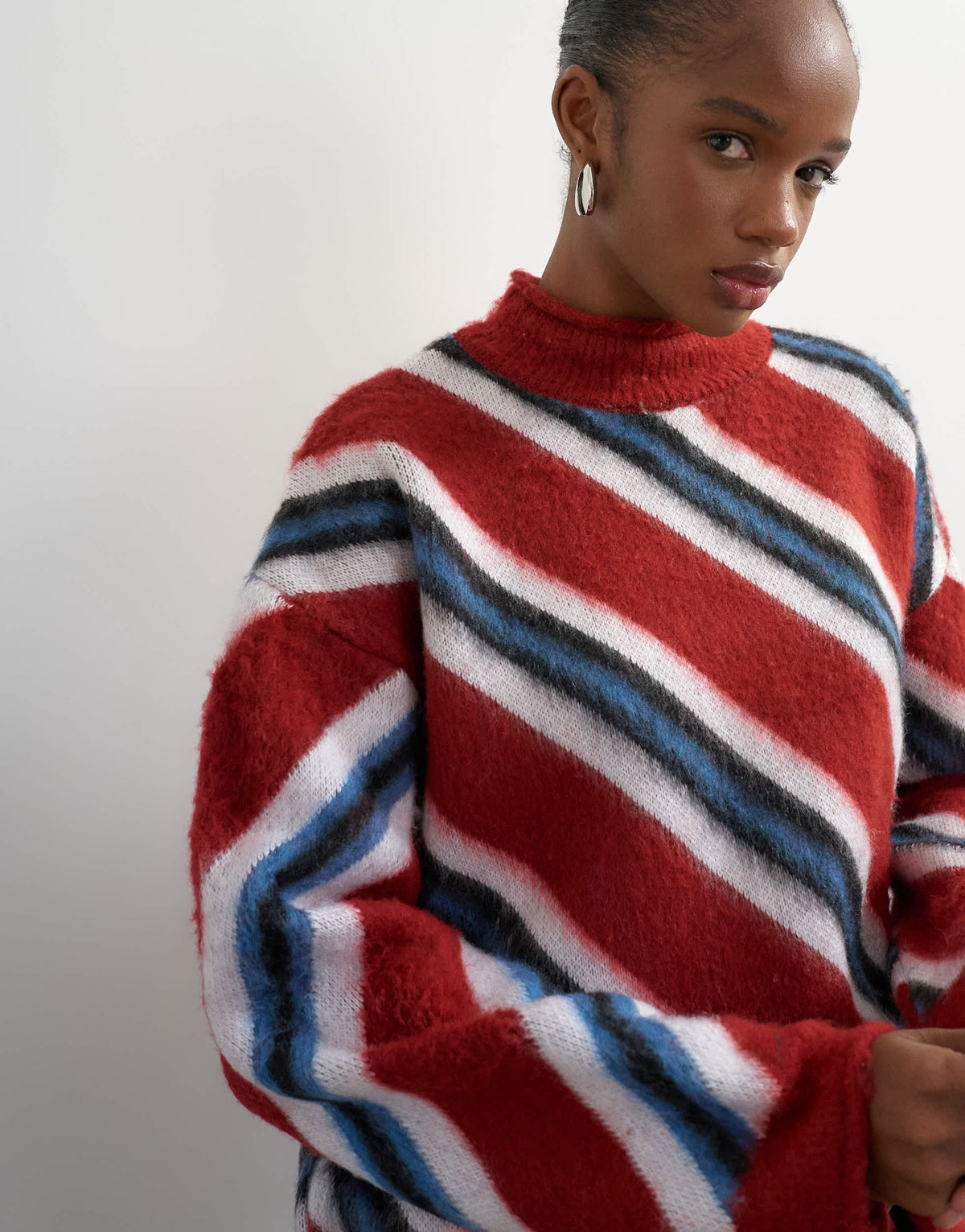 Topshop knitted roll edge stripe jumper in red multi