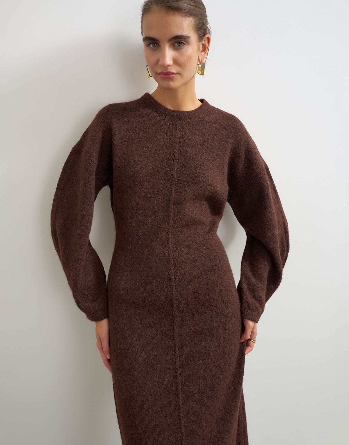 Topshop knitted fluffy batwing maxi dress in brown