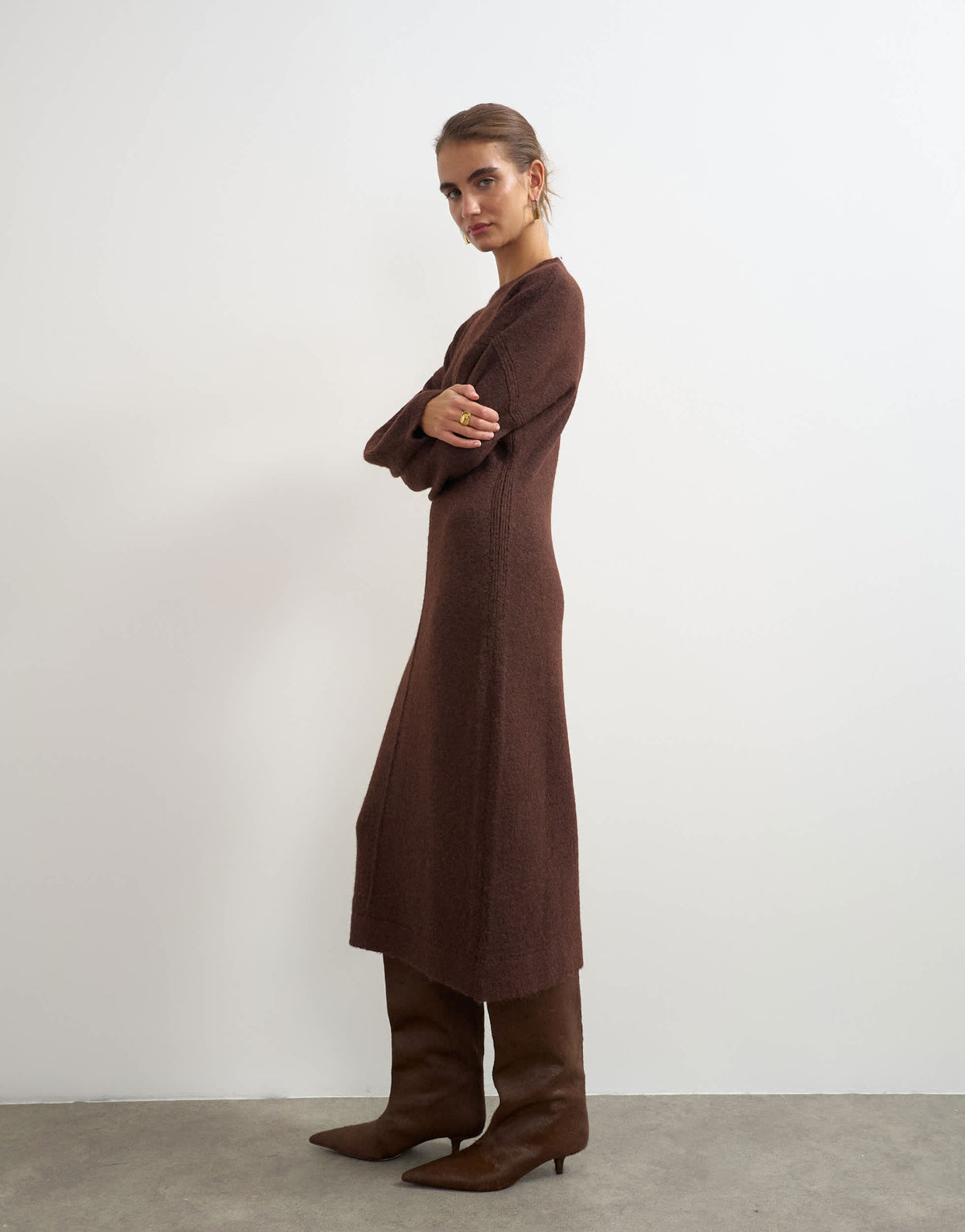 Topshop knitted fluffy batwing maxi dress in brown