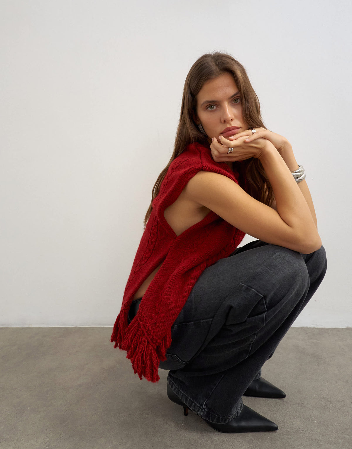 Topshop knitted fringe poncho in red