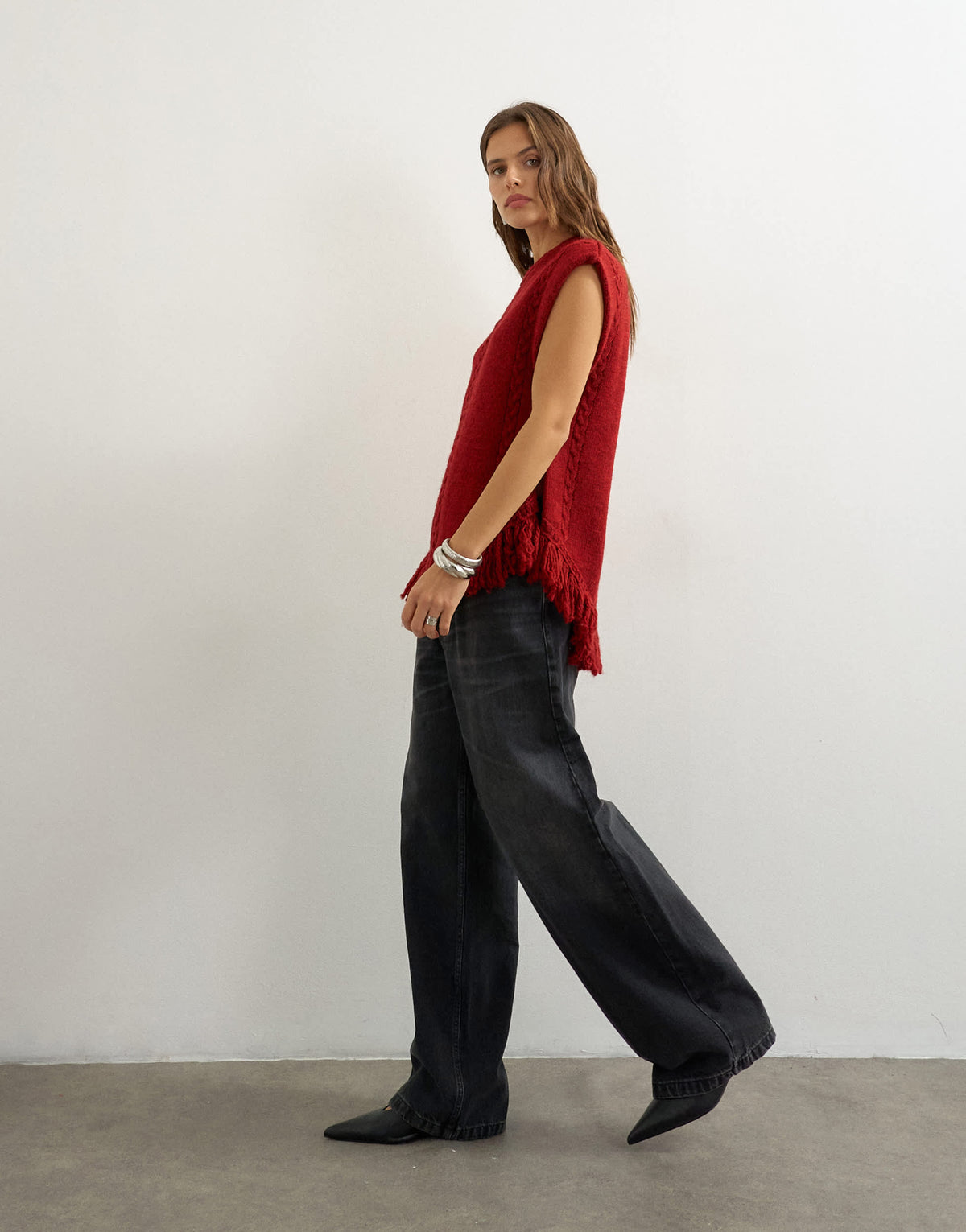Topshop knitted fringe poncho in red