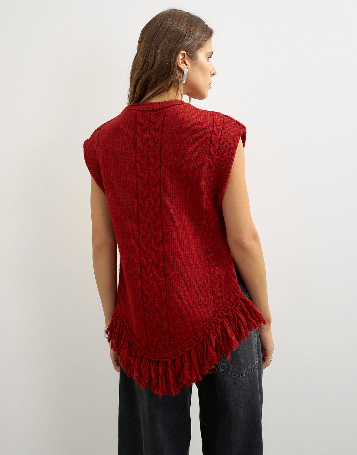 Topshop knitted fringe poncho in red