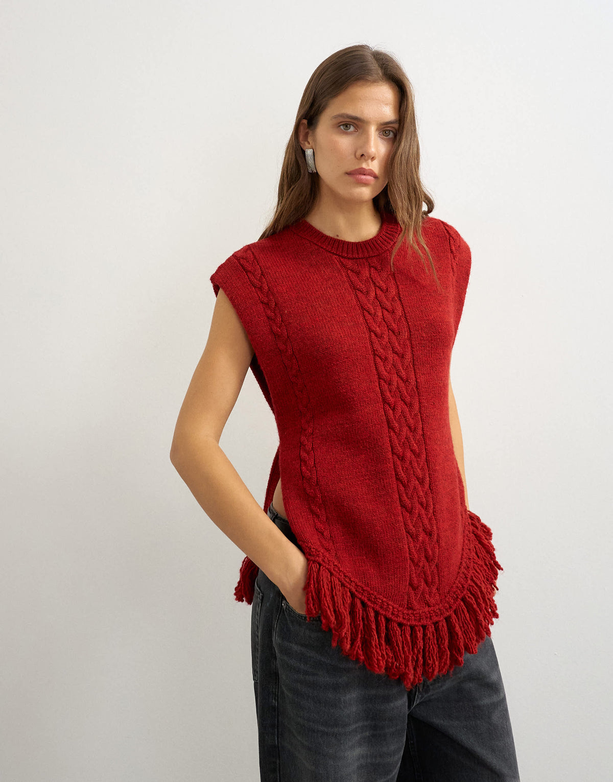 Topshop knitted fringe poncho in red