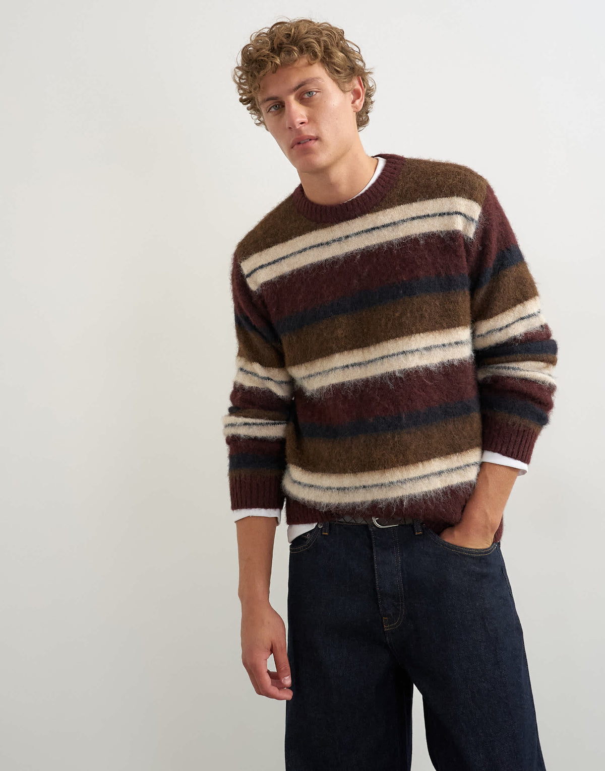 Topman relaxed fit fluffy striped knitted jumper in burgundy