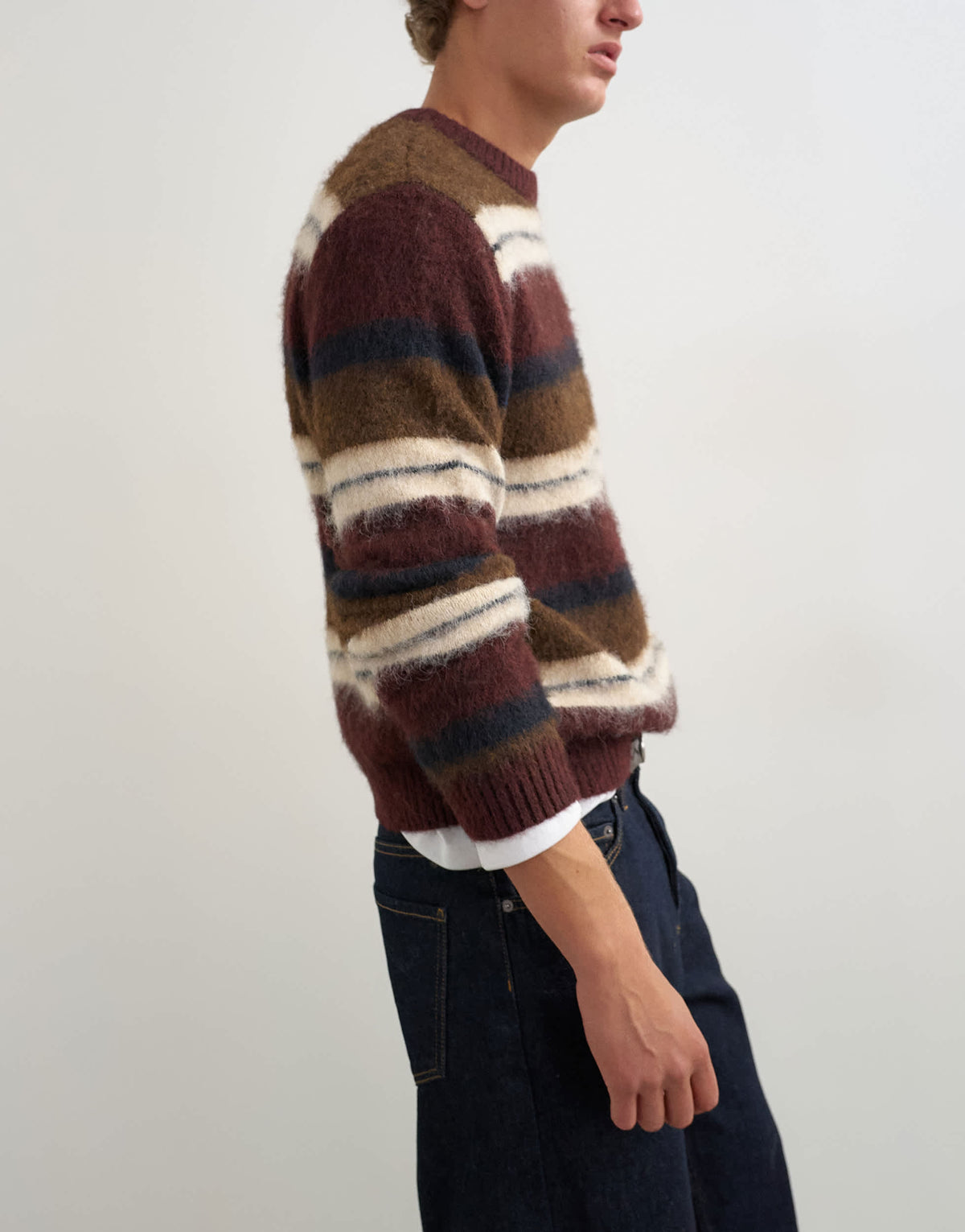 Topman relaxed fit fluffy striped knitted jumper in burgundy