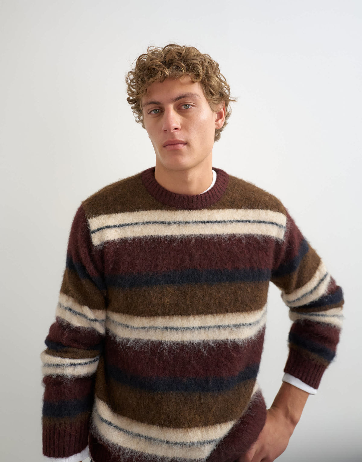 Topman relaxed fit fluffy striped knitted jumper in burgundy
