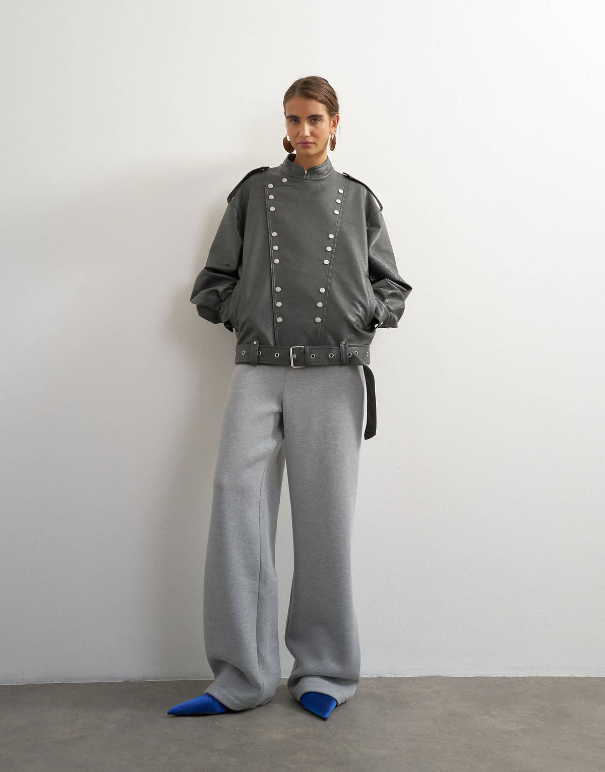 Topshop thin waistband straight leg joggers in grey marl