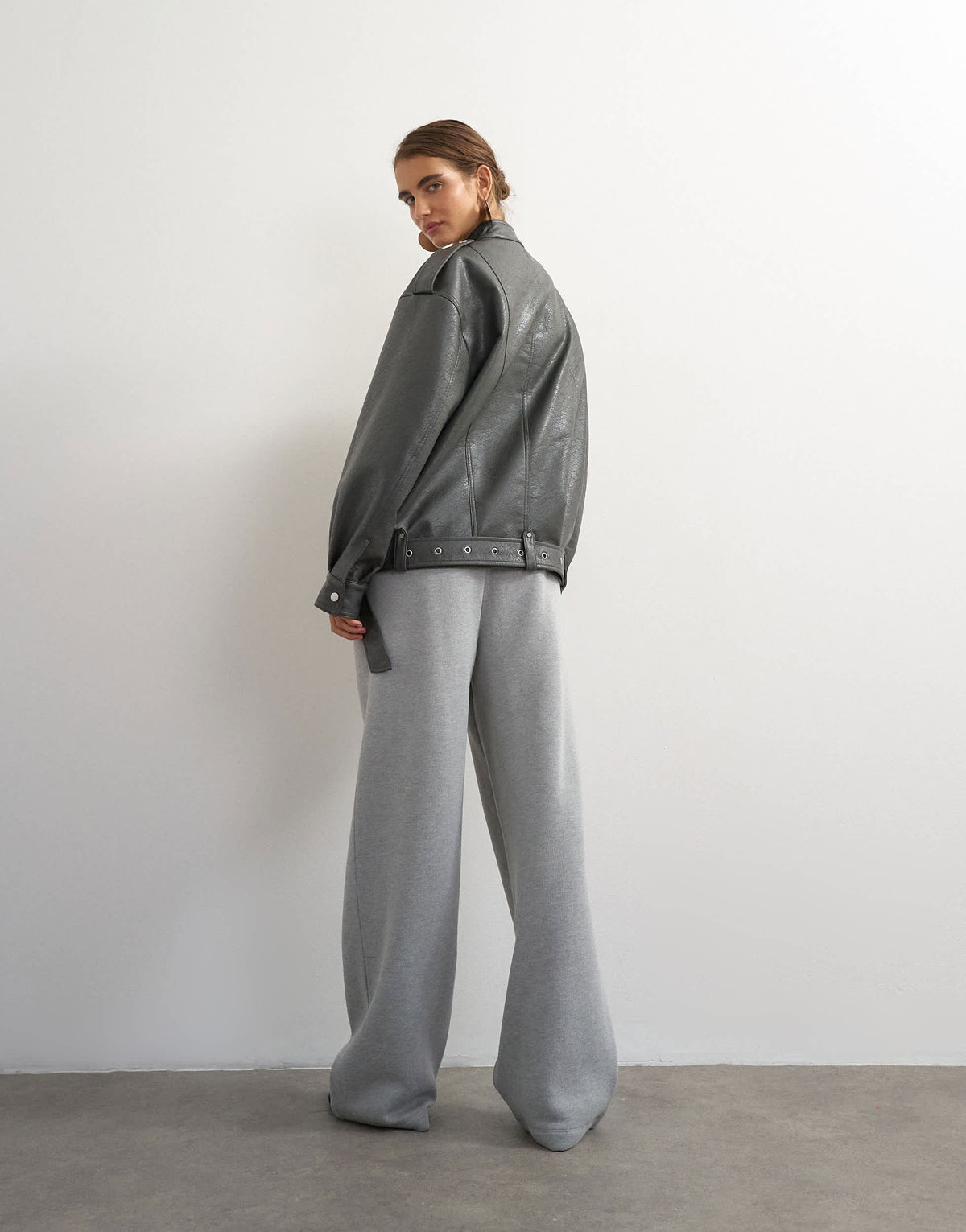Topshop thin waistband straight leg joggers in grey marl