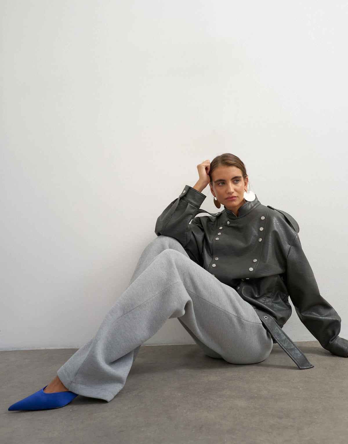 Topshop thin waistband straight leg joggers in grey marl