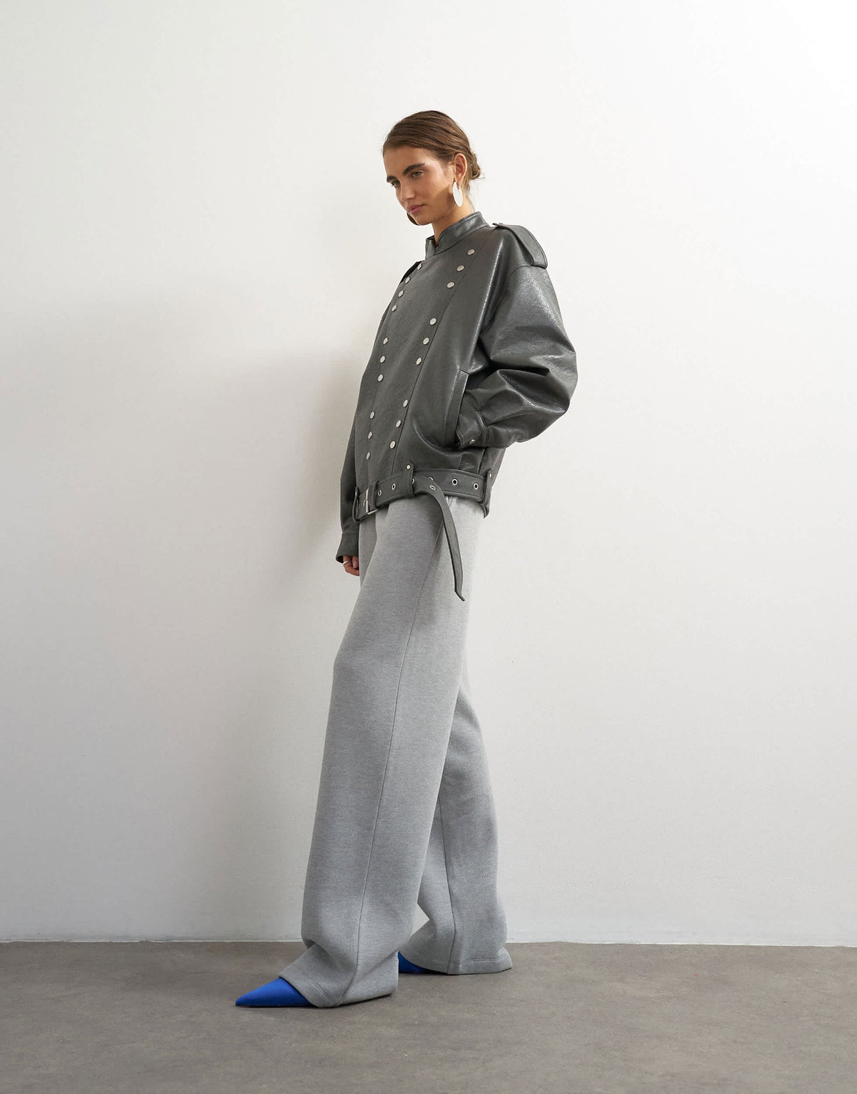 Topshop thin waistband straight leg joggers in grey marl