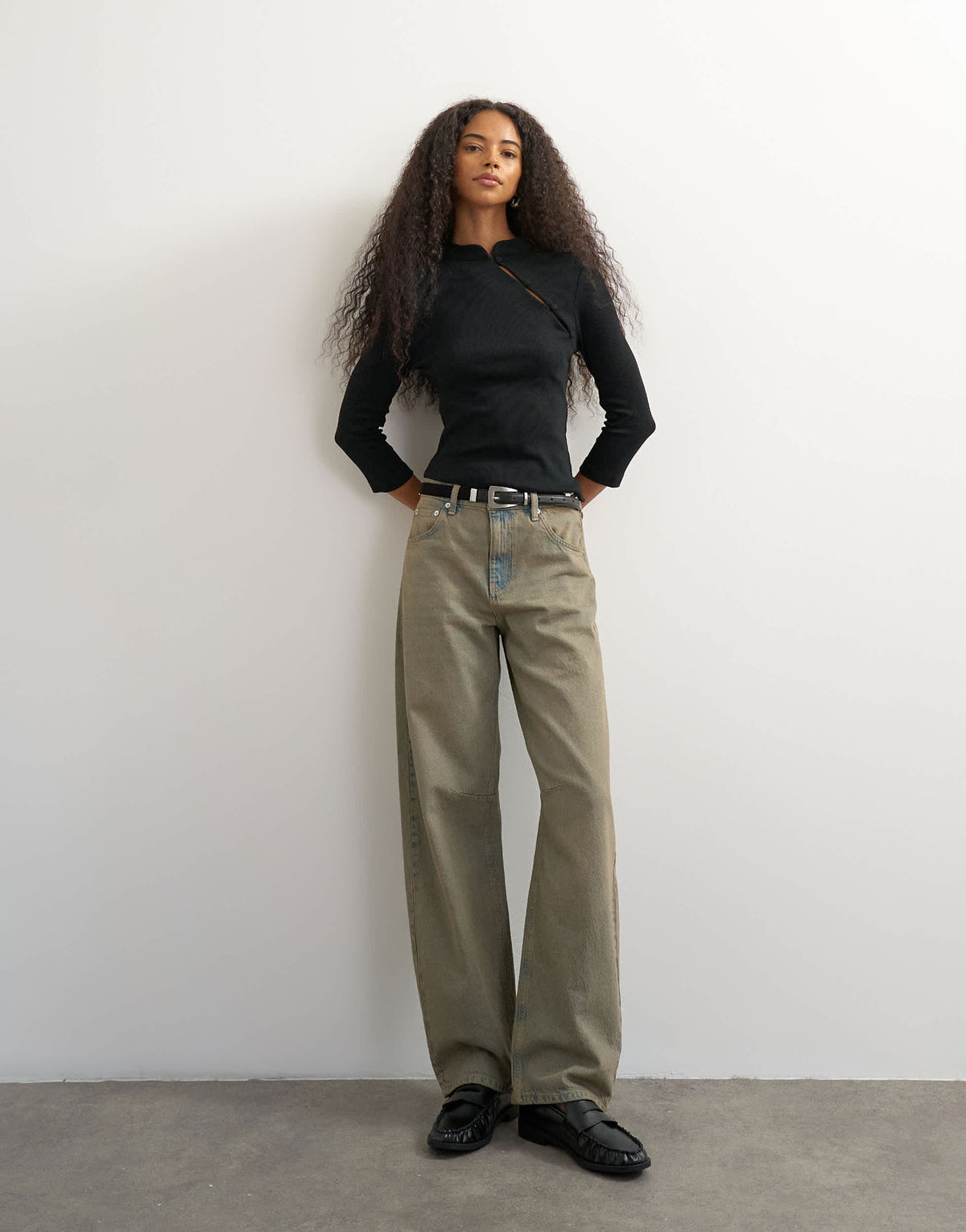 Topshop ribbed half sleeve asymmetric button in black