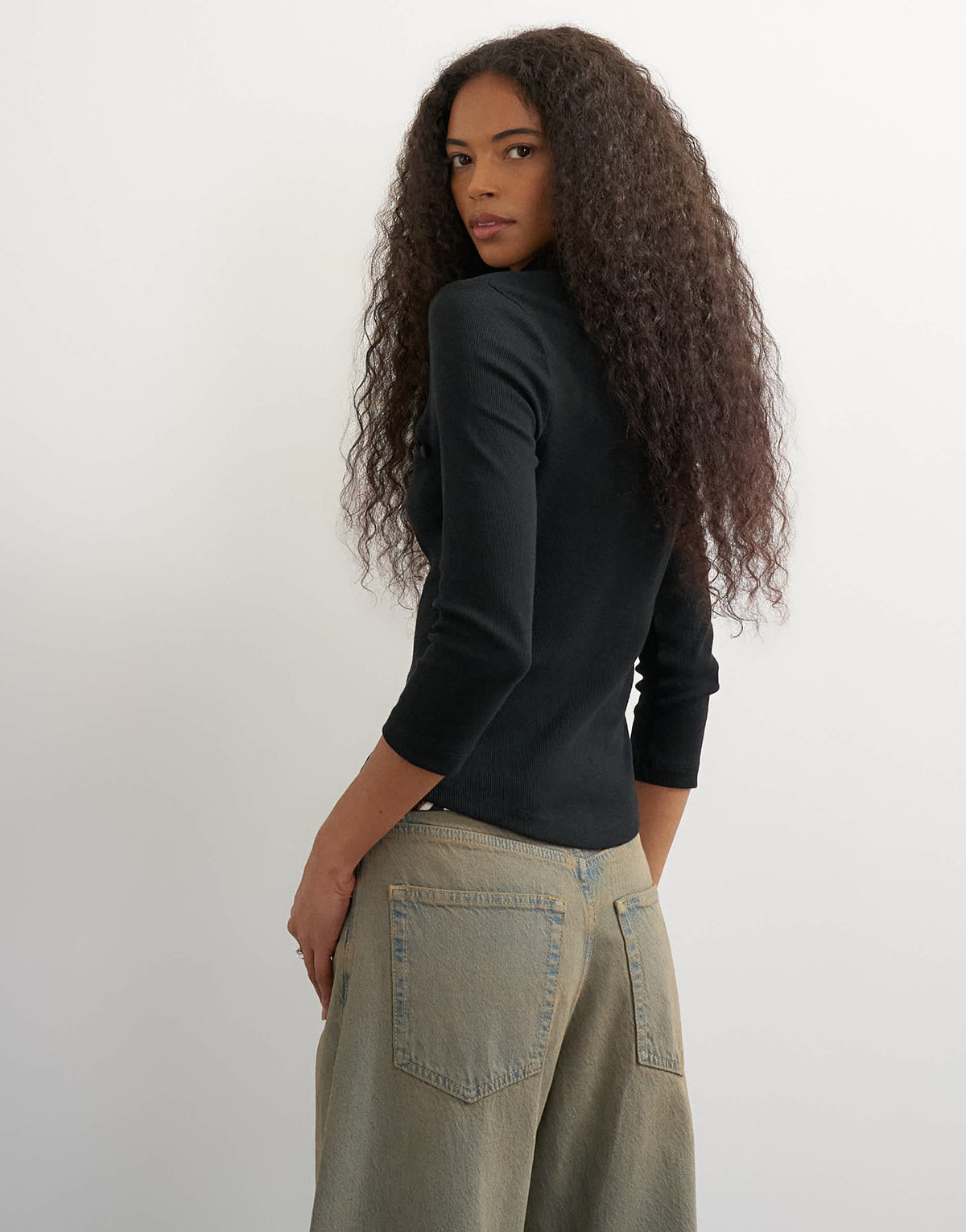 Topshop ribbed half sleeve asymmetric button in black
