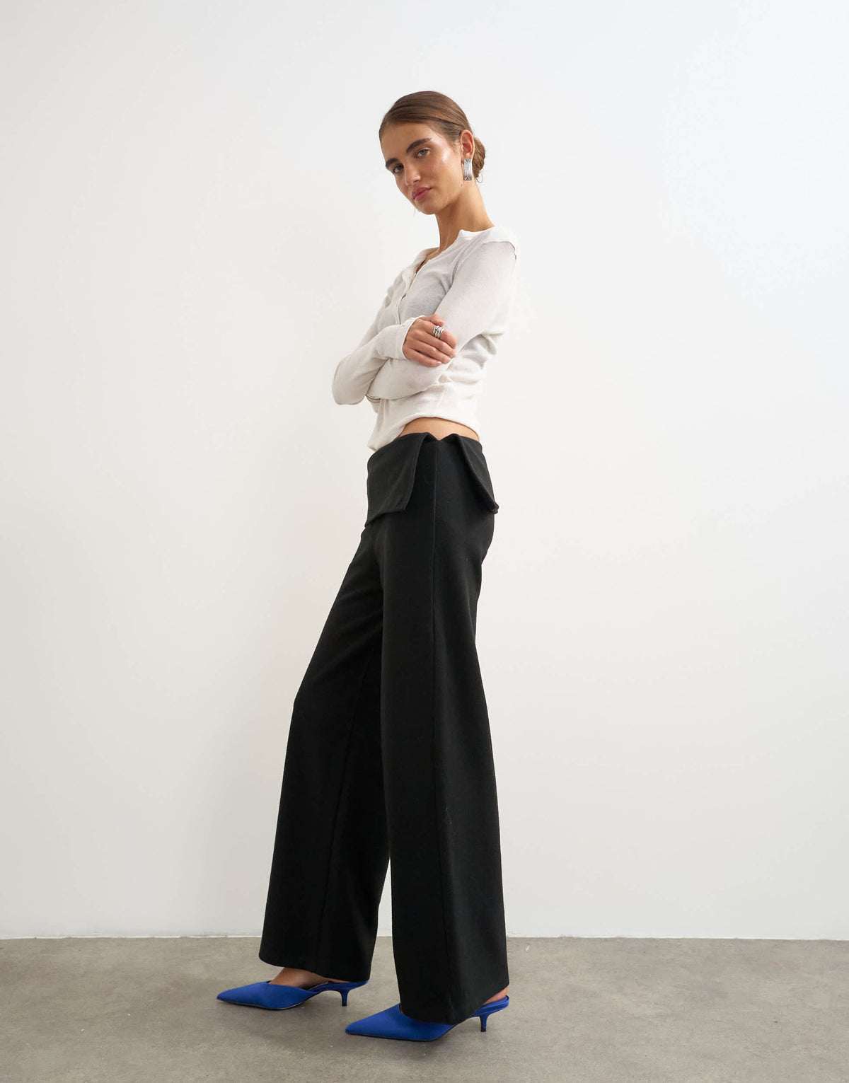 Topshop supersoft turn detail wide leg trouser in black