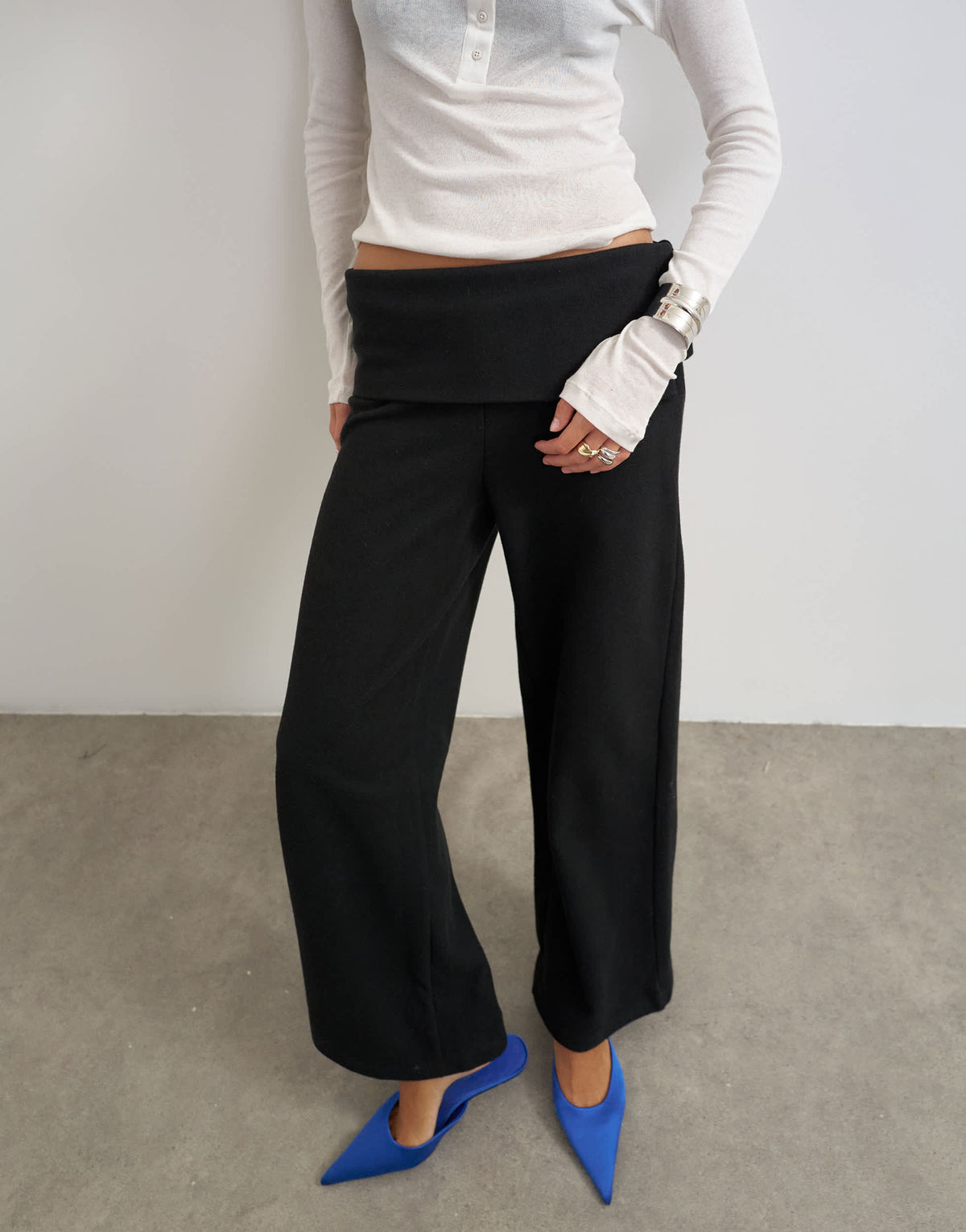 Topshop supersoft turn detail wide leg trouser in black