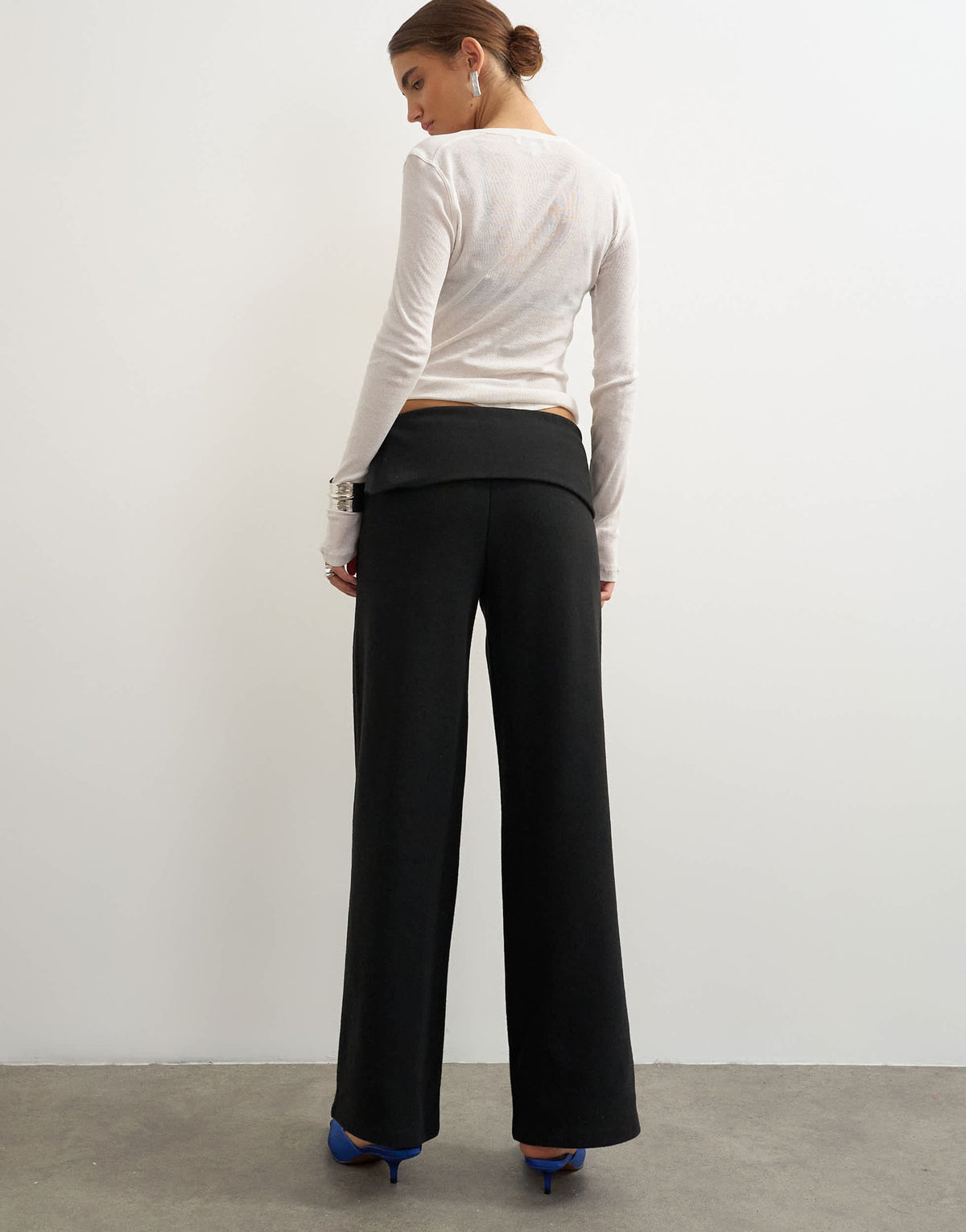Topshop supersoft turn detail wide leg trouser in black