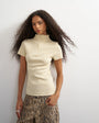 Topshop high neck zip through short sleeve rib top in cream