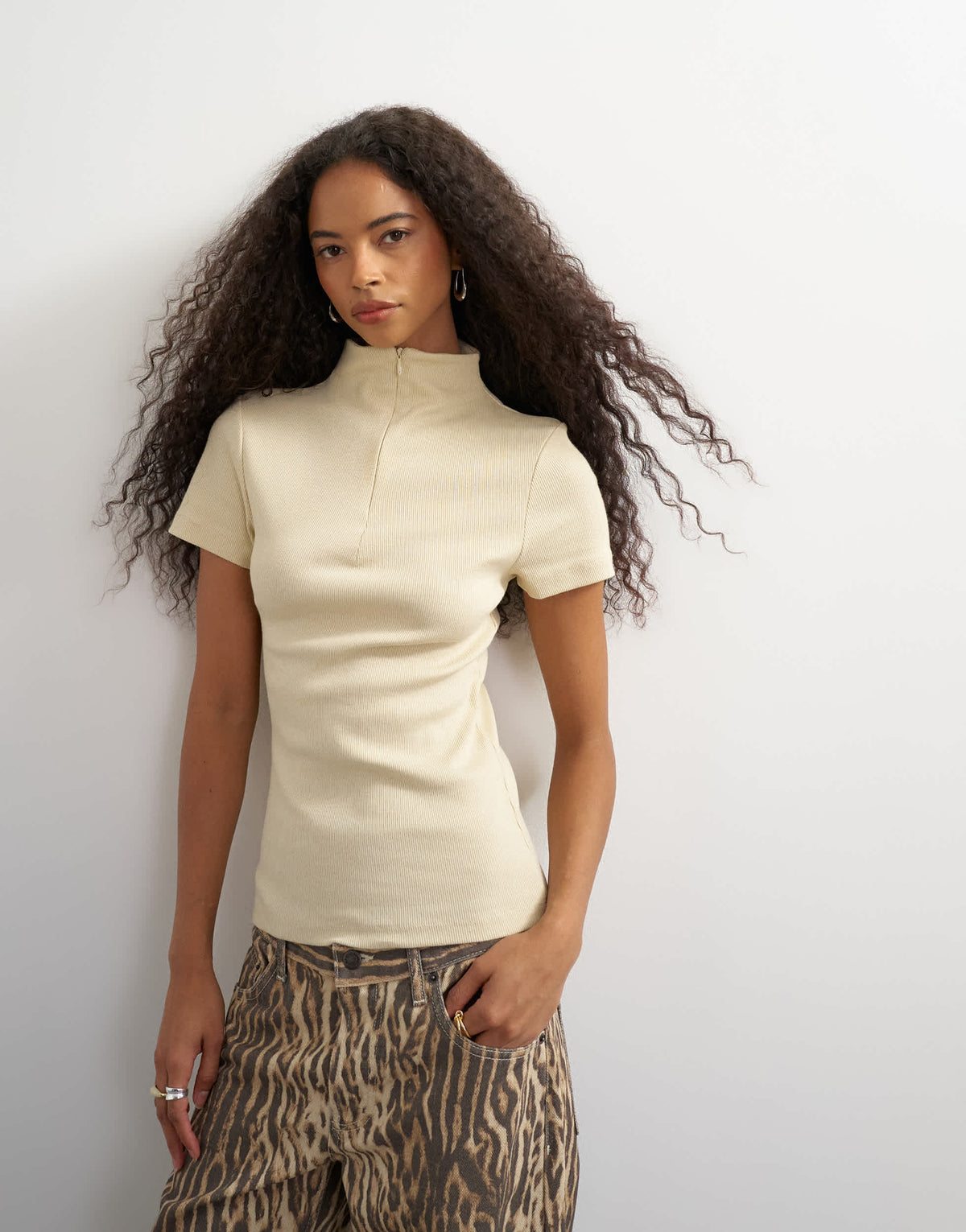 Topshop high neck zip through short sleeve rib top in cream