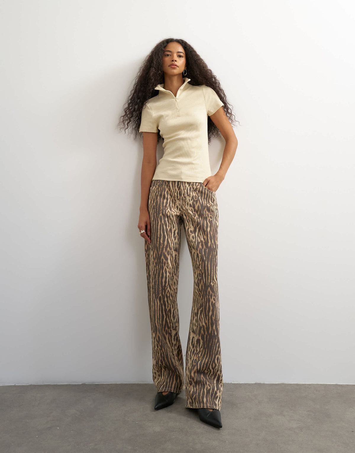 Topshop high neck zip through short sleeve rib top in cream