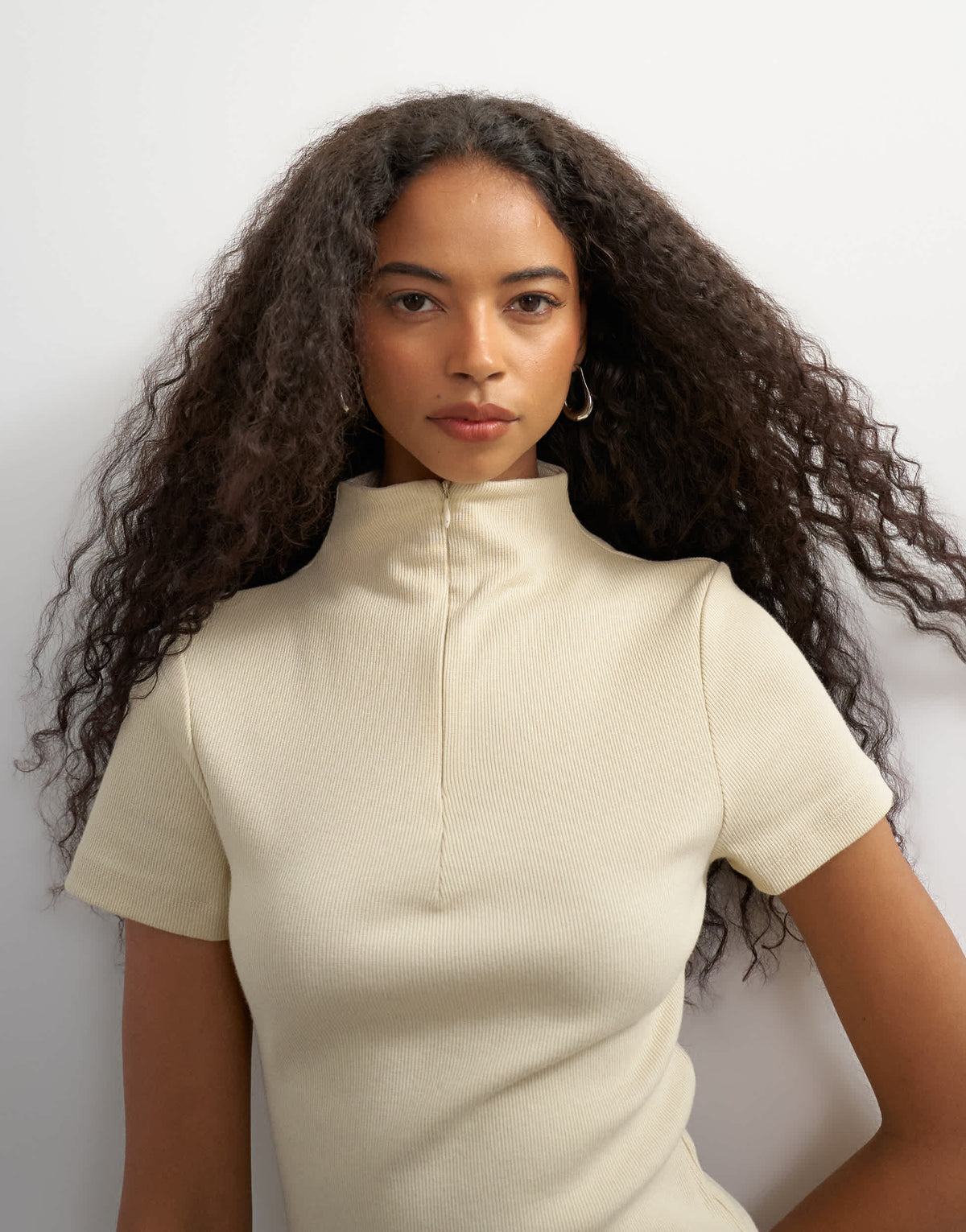 Topshop high neck zip through short sleeve rib top in cream
