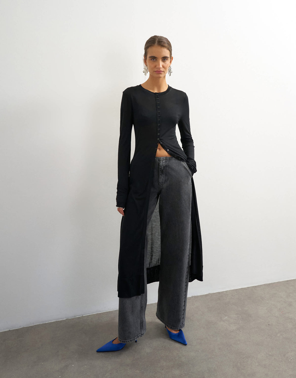 Topshop sheer button down long line top in black