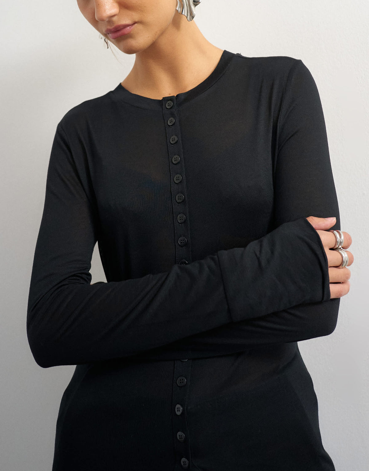 Topshop sheer button down long line top in black
