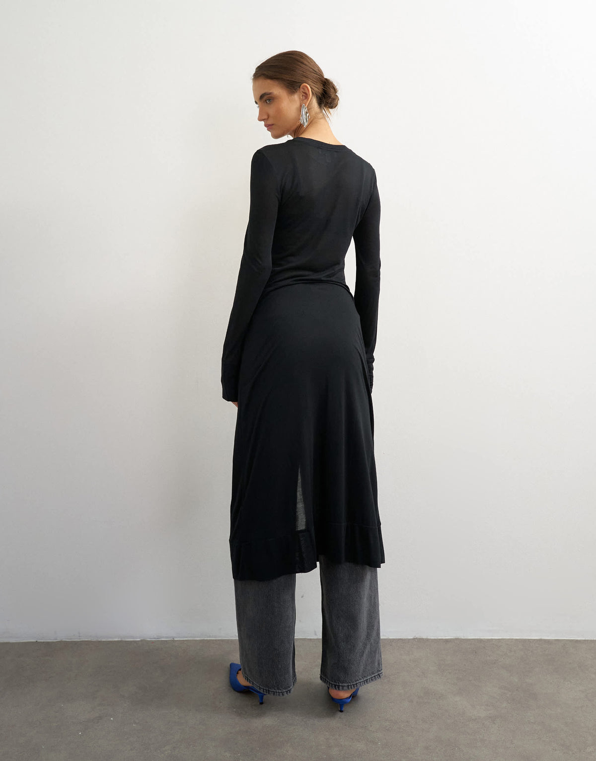 Topshop sheer button down long line top in black