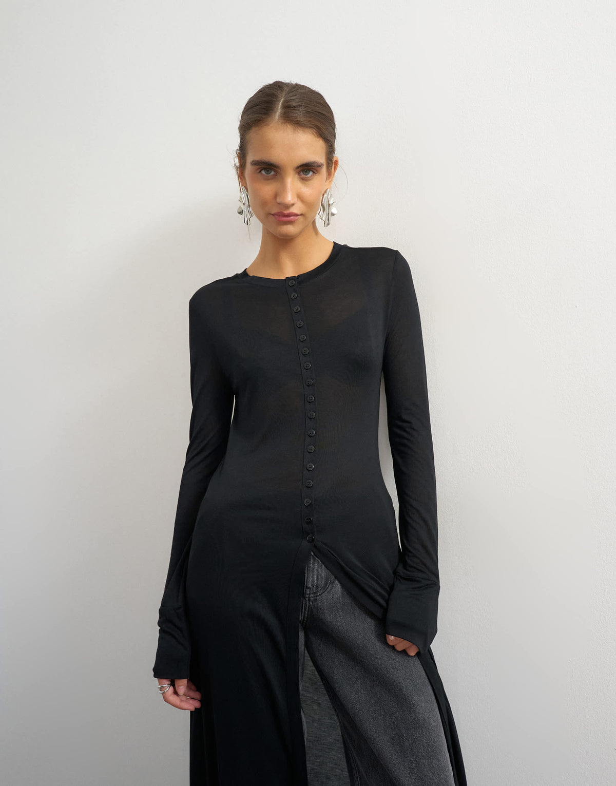 Topshop sheer button down long line top in black