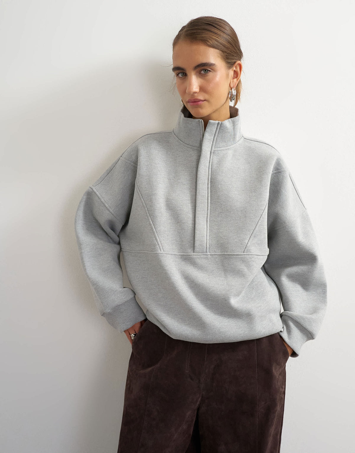 Topshop high neck concealed placket sweat in grey marl