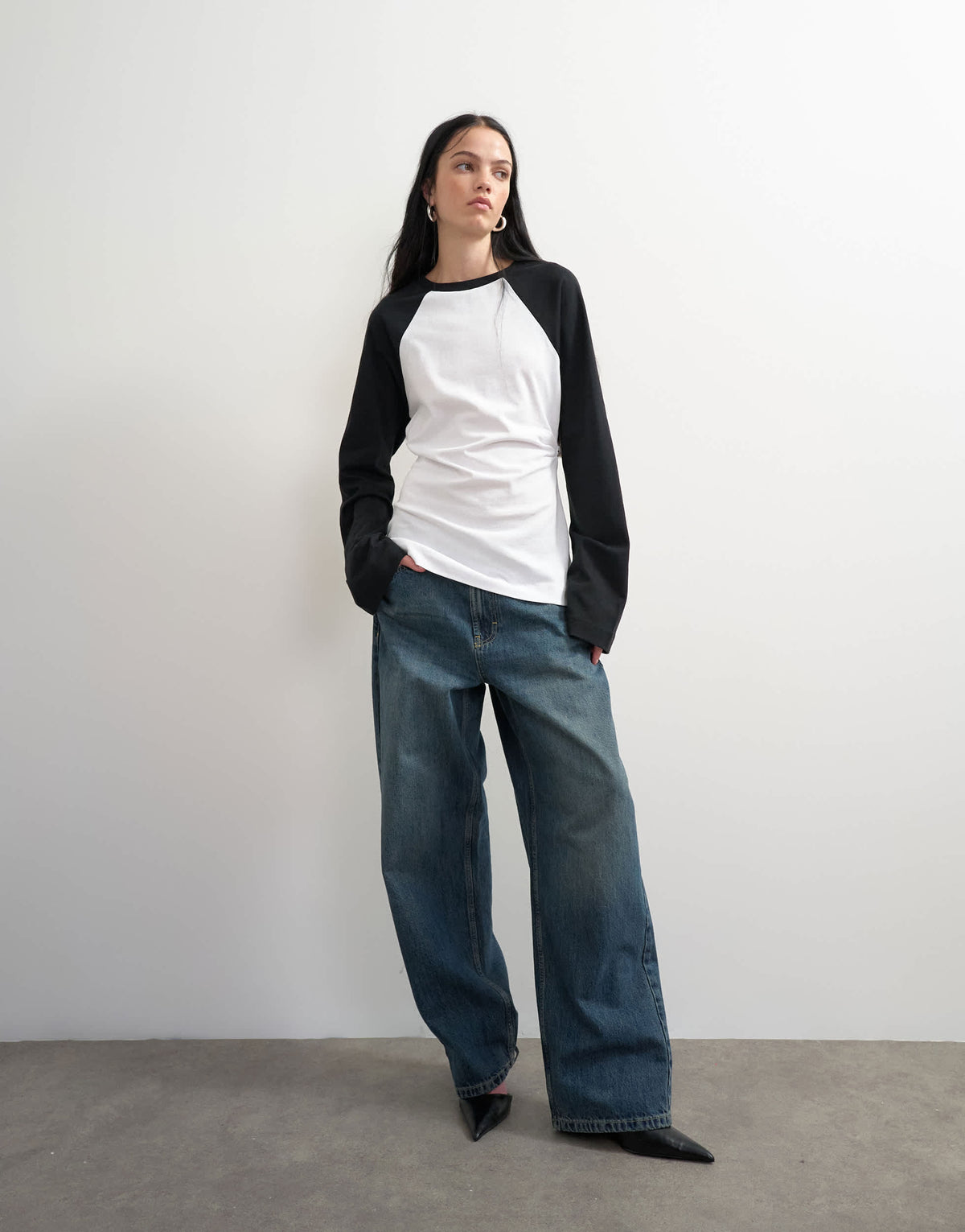 Topshop colour block cinched waist long sleeve raglan t-shirt in mono
