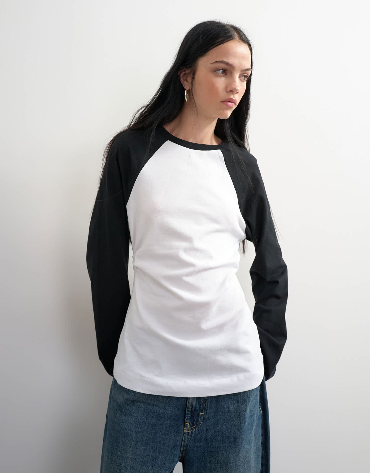 Topshop colour block cinched waist long sleeve raglan t-shirt in mono
